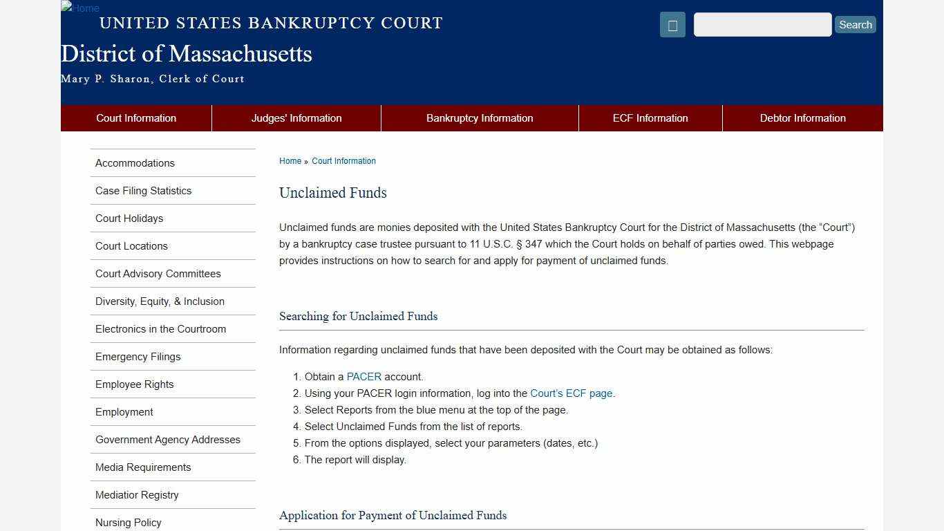 Unclaimed Funds | District of Massachusetts | United States Bankruptcy Court
